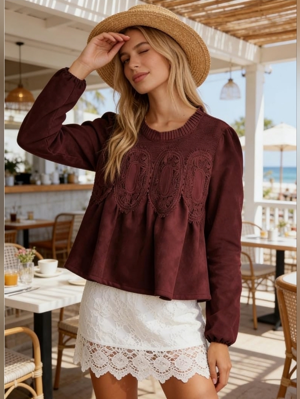 NWT Faux Swade Lace Yoke Top Small